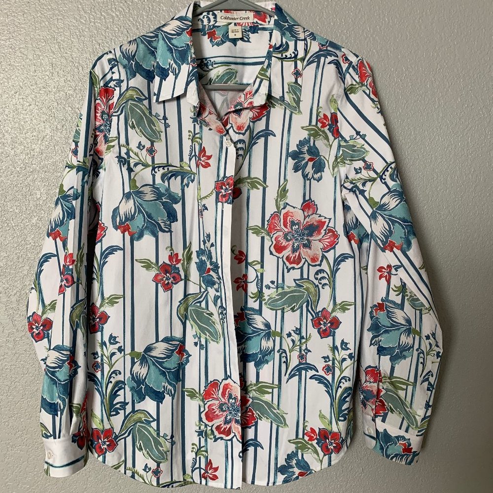 V81 Coldwater Creek Women’s Sz 8 Blouse, Long Sleeve, Button Cuffs, Floral NWOT